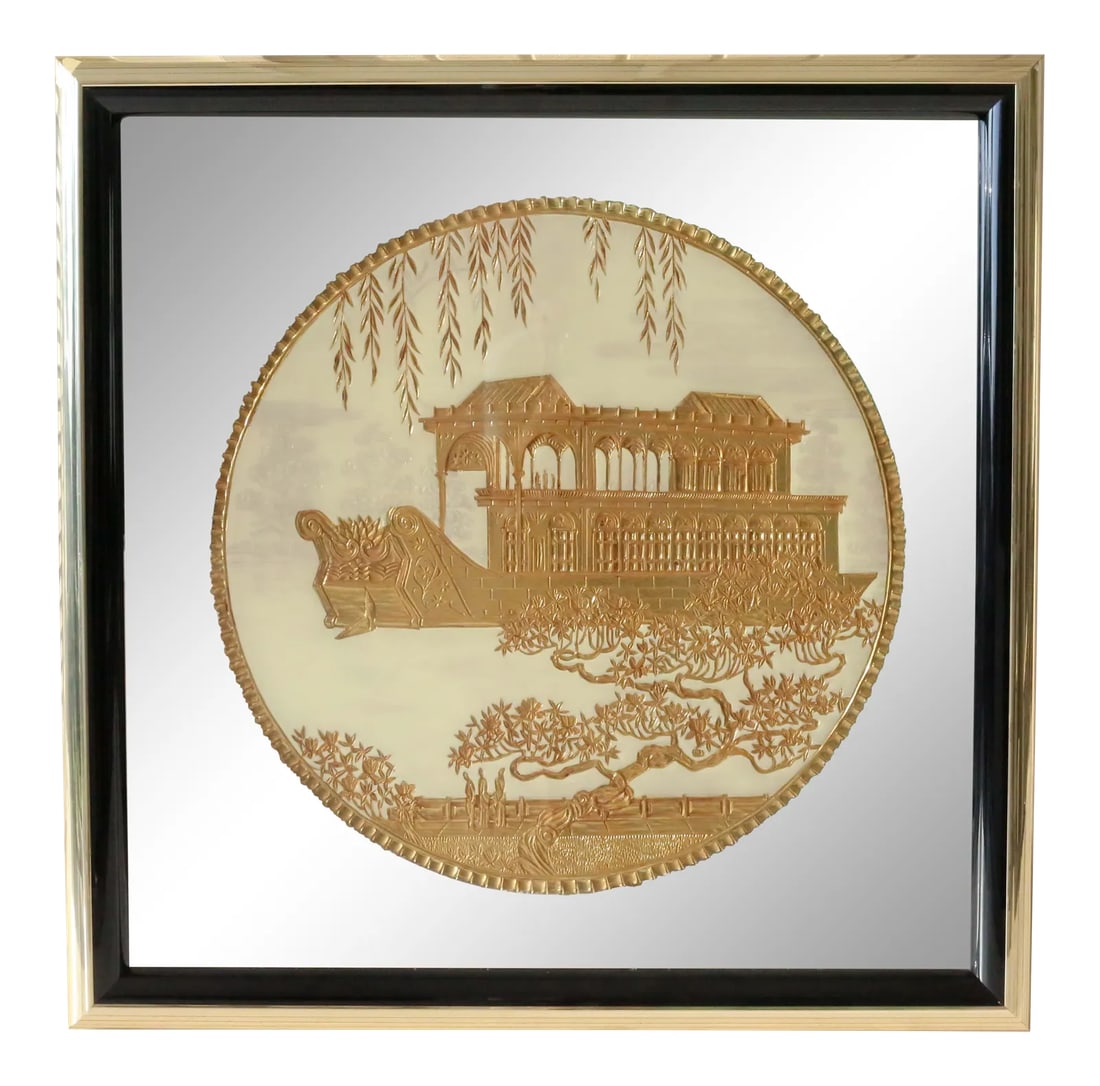 1980's Chinoiserie "Marble Boat" Gilt Carving and Eglomise Wall Mirror: A spectacular, oversized square mirror, featuring a gilded, hand-carved scene of the Marble Boat at the Summer Palace in Beijing, China. The carving incorporates a back-painted eglomise design, reveal