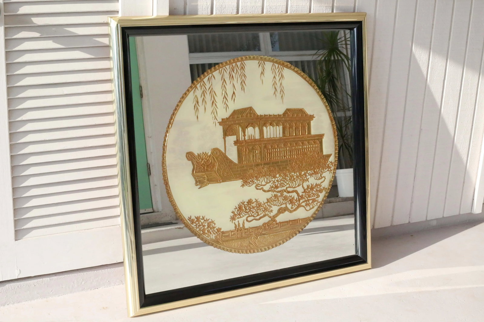 1980's Chinoiserie "Marble Boat" Gilt Carving and Eglomise Wall Mirror - 3