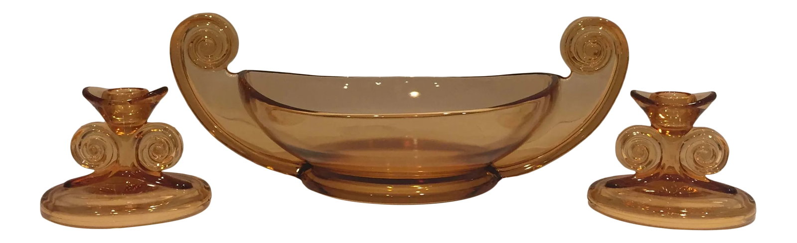 Vintage 40s Amber Fostoria Depression Glass Bowl & Candle Holder Set- 3 Pieces (1 of 12)