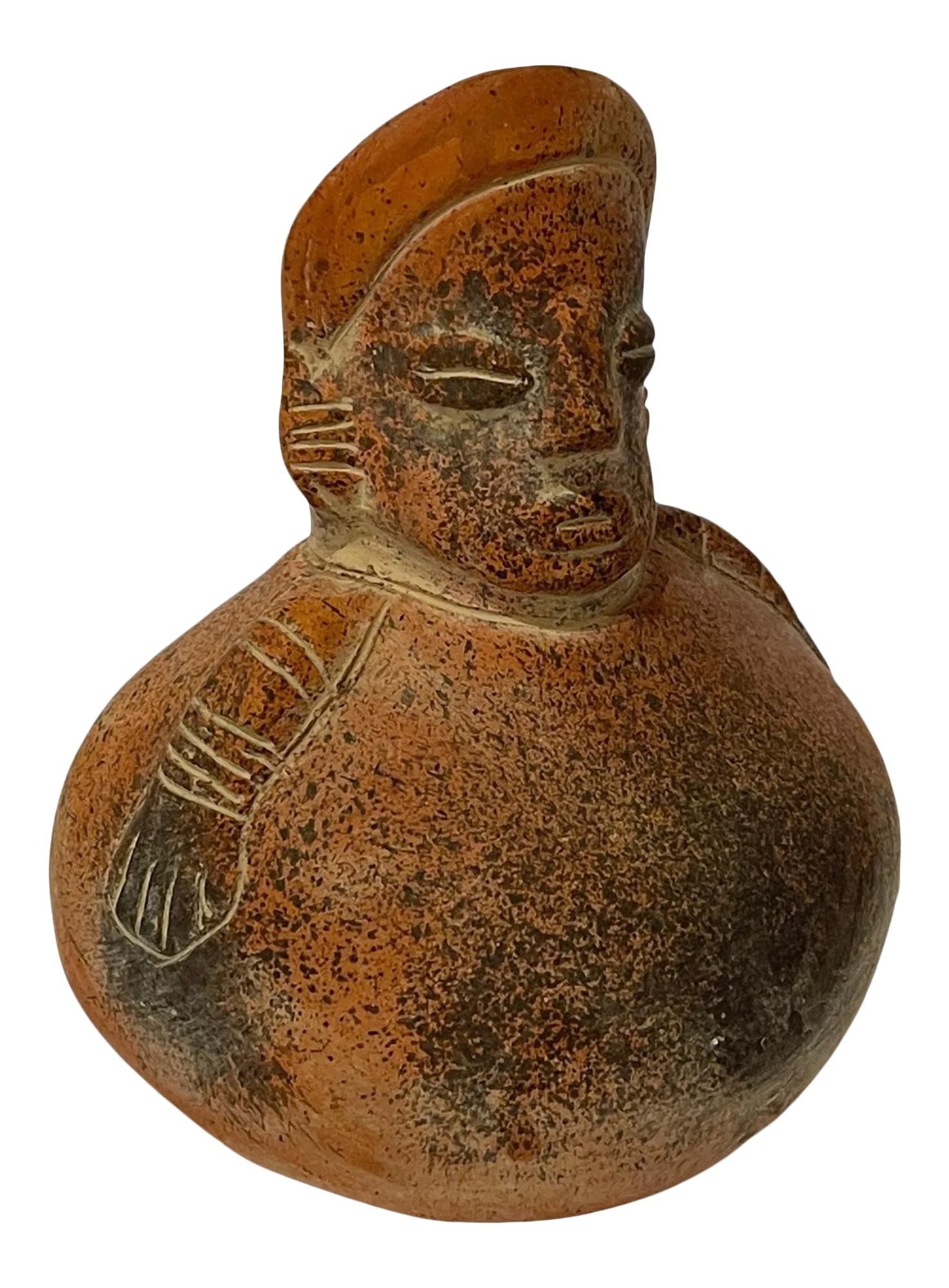 Vintage Hand-Sculpted Ceramic South American Pre Colombian-Style Vase: Hand Sculpted Ceramic South American Pre Colombian Style Vase Vessel Excellent room accent bringing Art history of the past into modern-day decor Condition: Alterations: Original Condition Unaltered