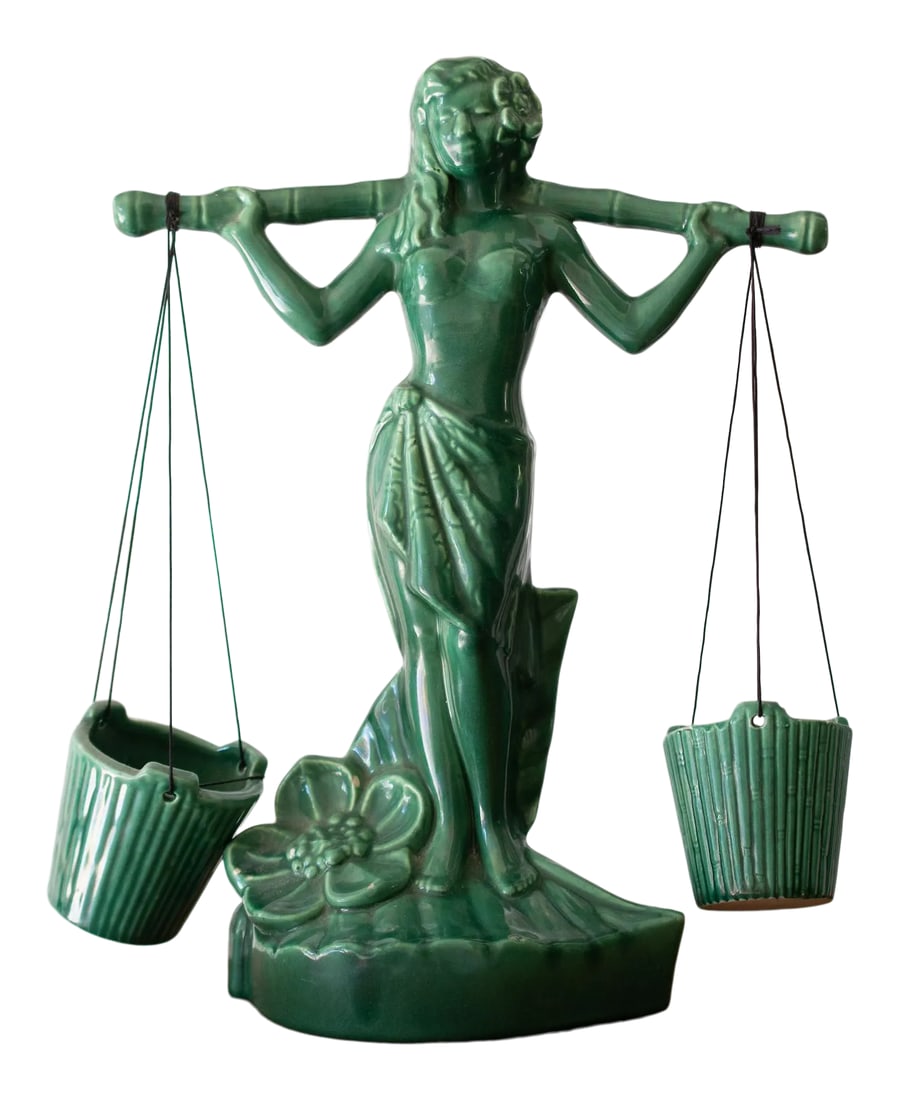 1940s Vintage Gonder Ceramic Pottery Green Female Libra Sculpture: Very rare Gonder pottery from the Ceramic Arts line. This piece depicts a woman carrying four bamboo buckets on her shoulders. The color is a emerald green. There are two buckets, each big enough for