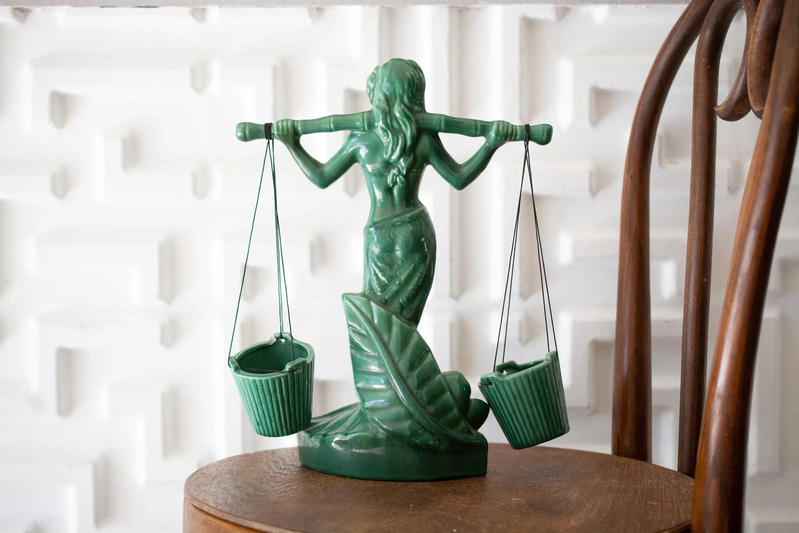 1940s Vintage Gonder Ceramic Pottery Green Female Libra Sculpture - 2