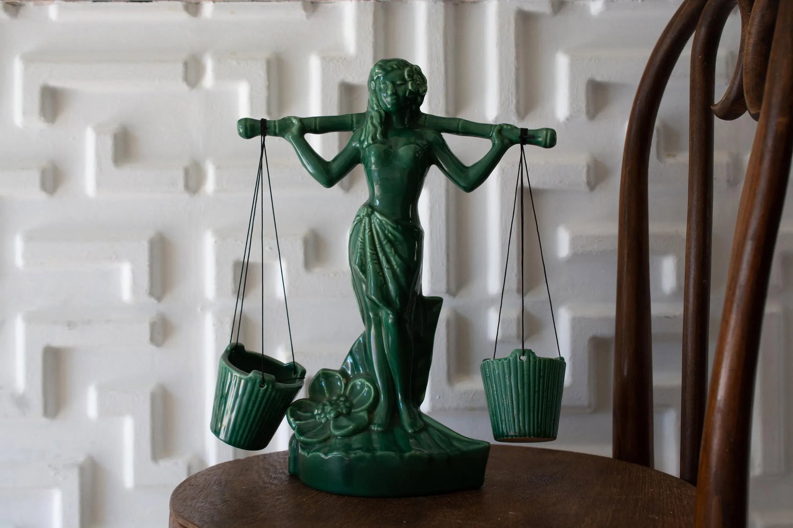 1940s Vintage Gonder Ceramic Pottery Green Female Libra Sculpture - 3