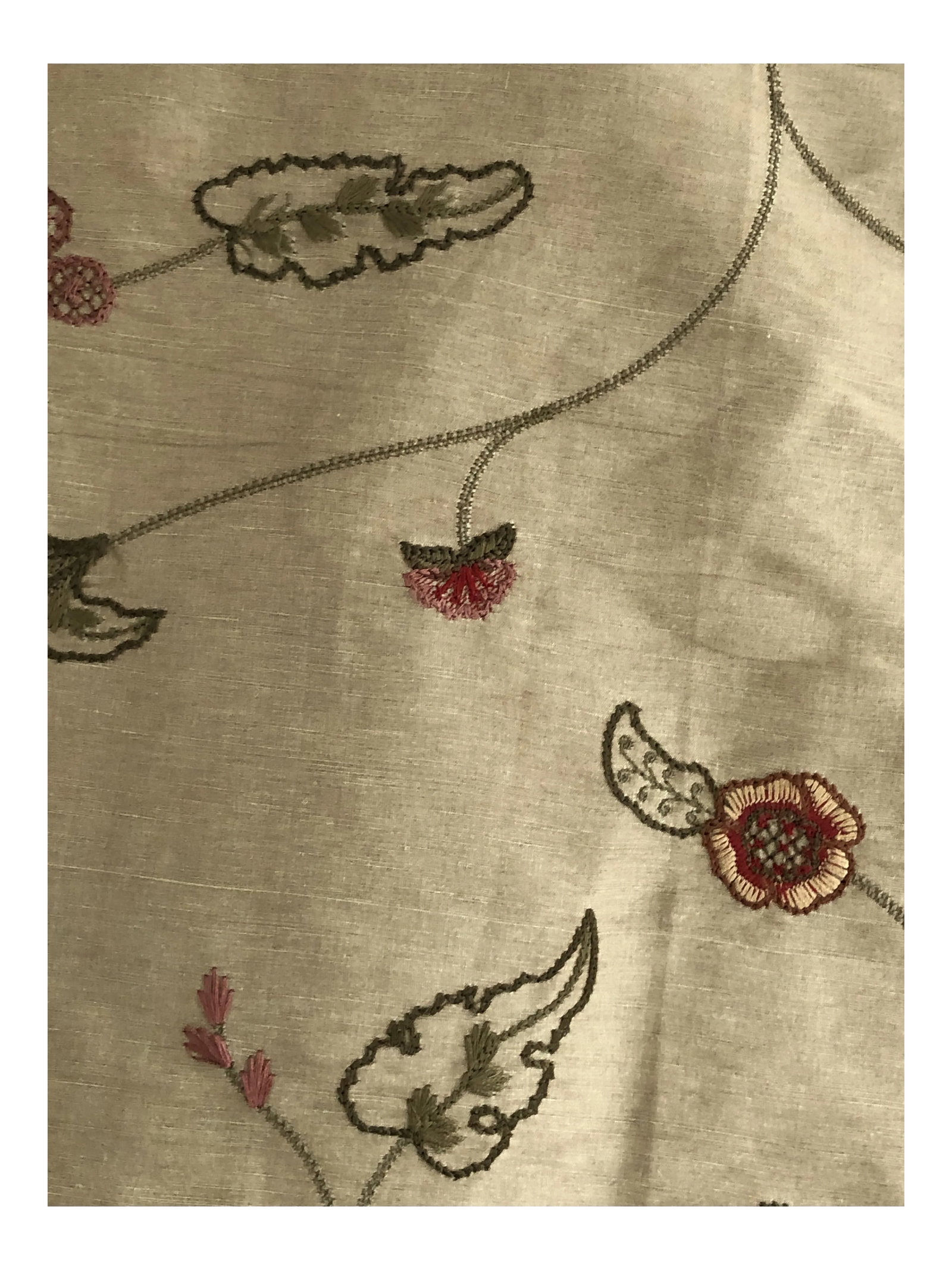 James Hare Silk Embroidery Fabric- 2.75 Yards in Soft Green: Offered for sale 2.75 yds of a beautiful sage green embroidered silk in peach, cranberry and hunter green. The motif is a rambling floral design. There is enough yardage for a small widow shade,