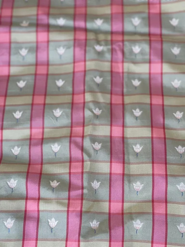 Manuel Canovas Pink & Green Plaid Floral Fabric- 4 Yards: Beautiful and feminine Manuel Canovas plaid in pinks, greens and a touch of white. Lovely plaid with floral tulip motif. This is a moire plaid in silk and cotton. 4 yards. This is a vintage piece