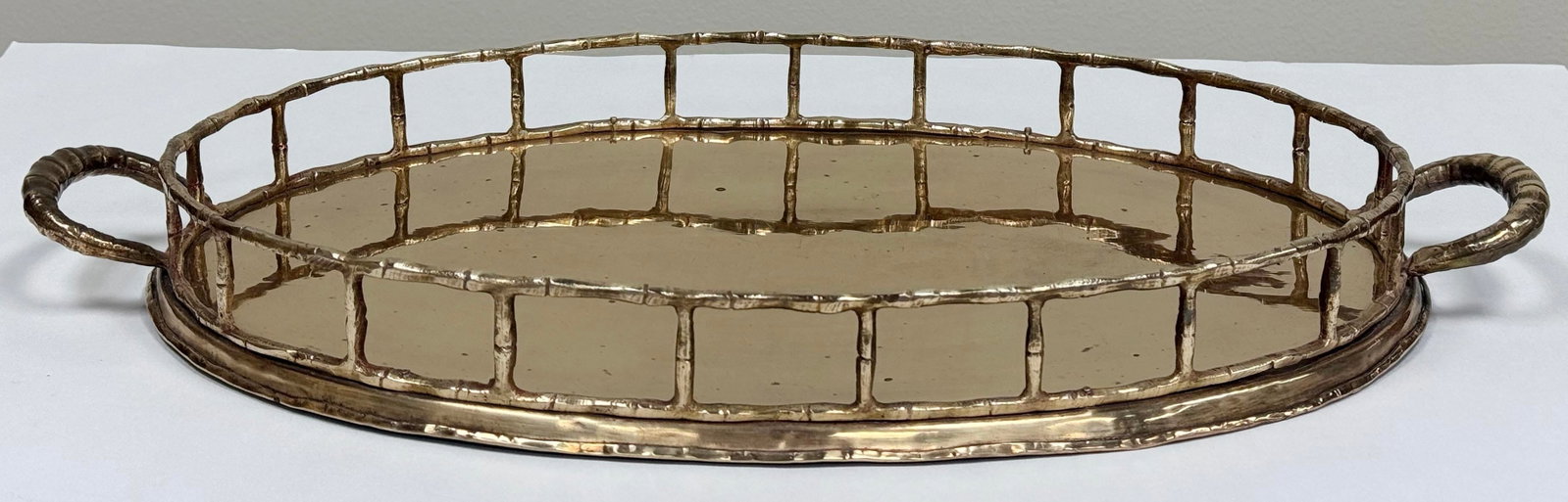 Vintage Oval Brass Faux Bamboo Gallery Rail Tray - 2
