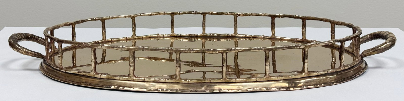 Vintage Oval Brass Faux Bamboo Gallery Rail Tray - 3