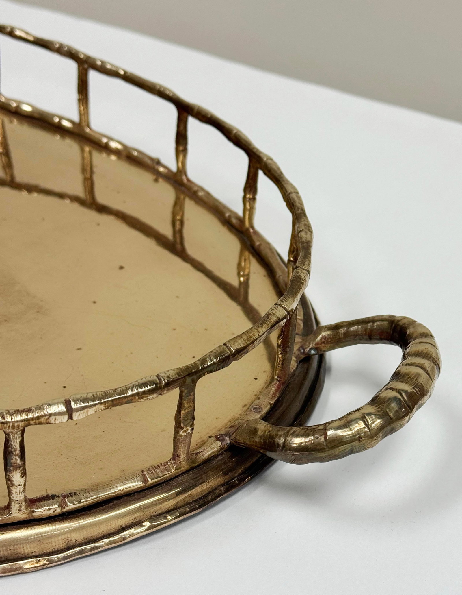 Vintage Oval Brass Faux Bamboo Gallery Rail Tray - 6