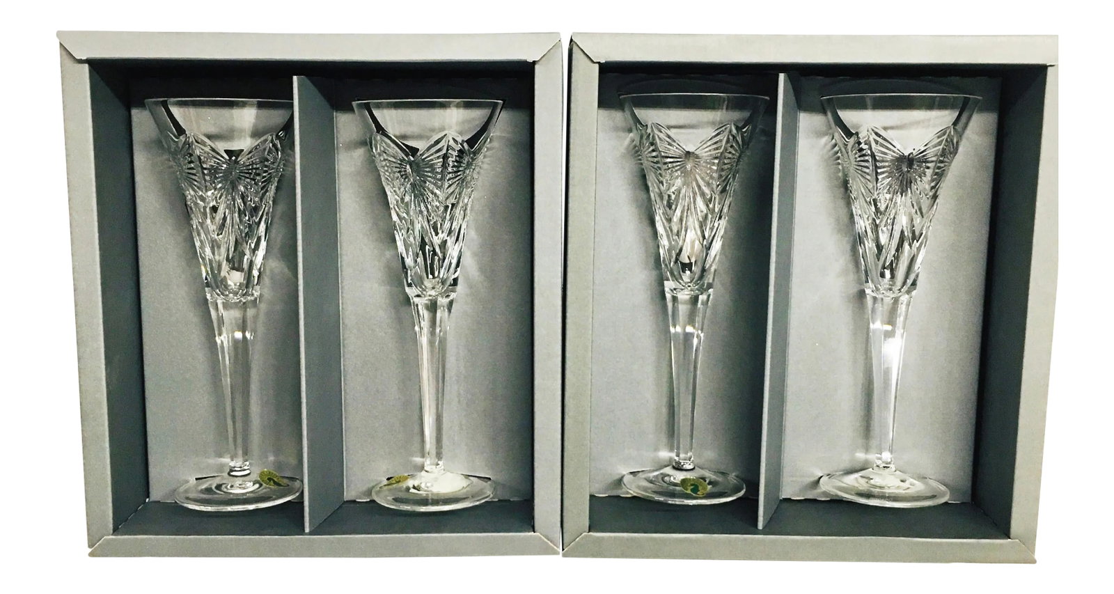 Vintage Waterford Crystal Champagne Stemware- Set of 4: Waterford Crystal Millennium set of Four Champagne Flutes , the pattern is Happiness Condition: Alterations: Original Condition Unaltered Imperfections: Some Imperfections Condition Notes: great condi