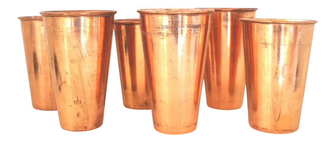 100% Pure Copper Beakers Set 6 Lot Vase Shot Glasses Beer Sake Vintage Metal: A set of 6 copper beakers or glasses in excellent vintage condition inspired by vintage copper alcohol and moonshine stills. No dents or breaks. Some tarnish from keeping in storage Use for water,