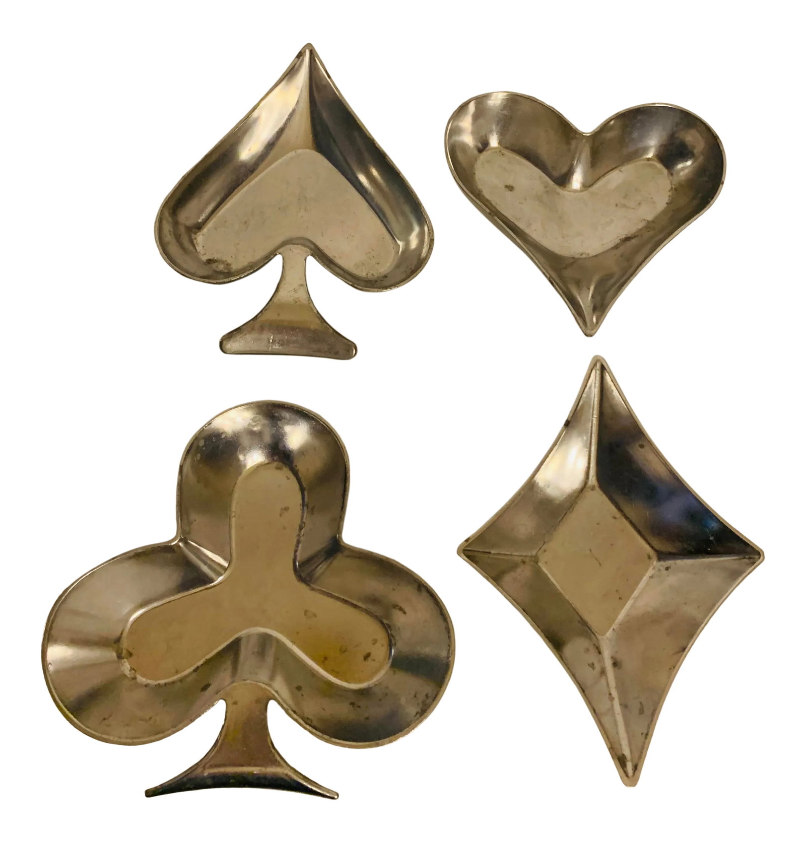 Vintage Tin/Aluminum Poker Nut Dishes- Set of 4: Vintage Set of Four Tin/Aluminum Poker Nut Dishes ~ Aces, Spades, Clubs & Hearts, here the suits of the deck transcend the cards and become functional decor! Perfect for an evening of Bridge, Canasta 