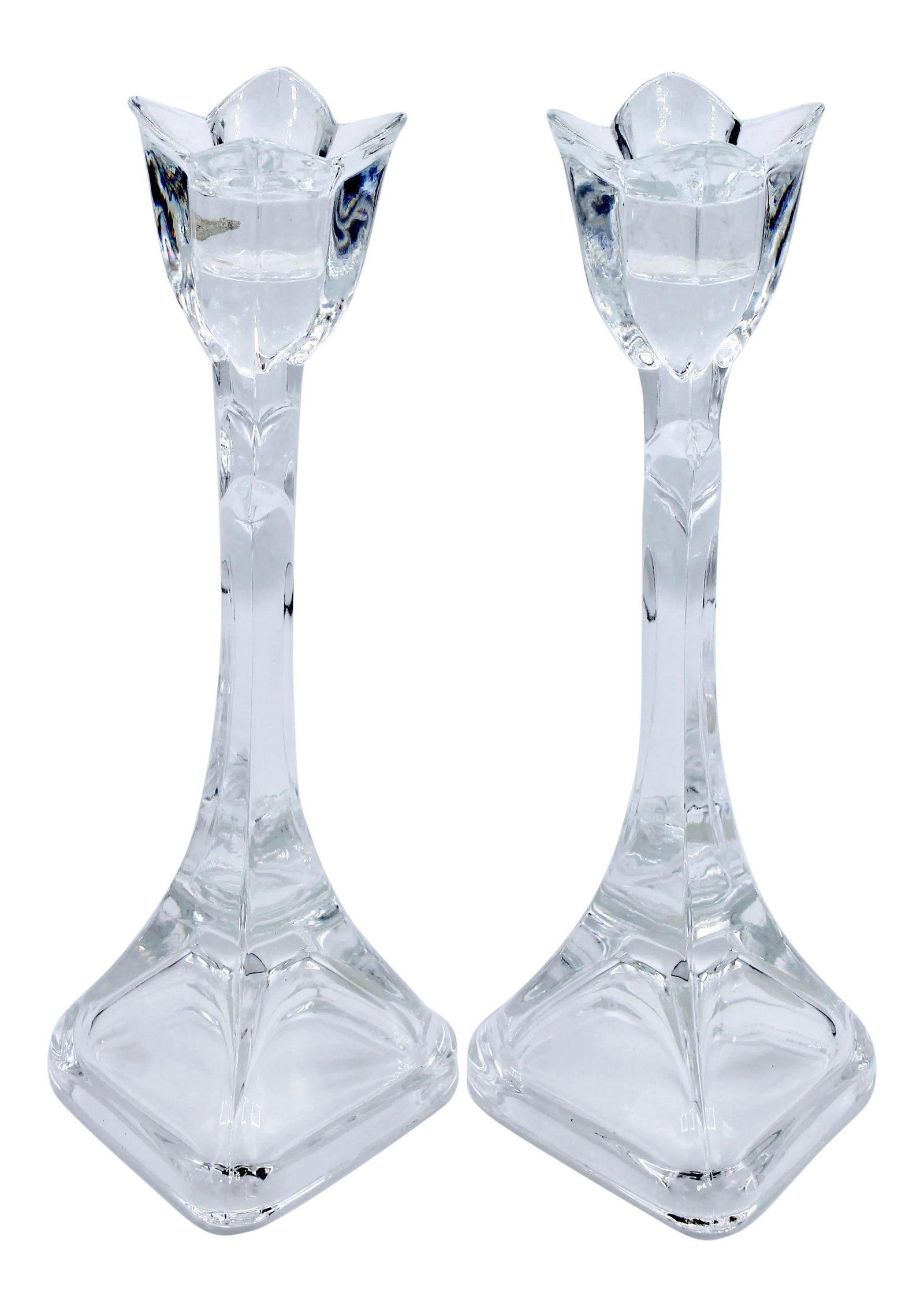 Vintage Dutch Tulip Crystal Candlesticks- a Pair: A stunning pair of Dutch-style tulip candlesticks composed of crystal. You will love this charming vintage pair of candlesticks for your home! The ivory bistro candles are included. The dimensions