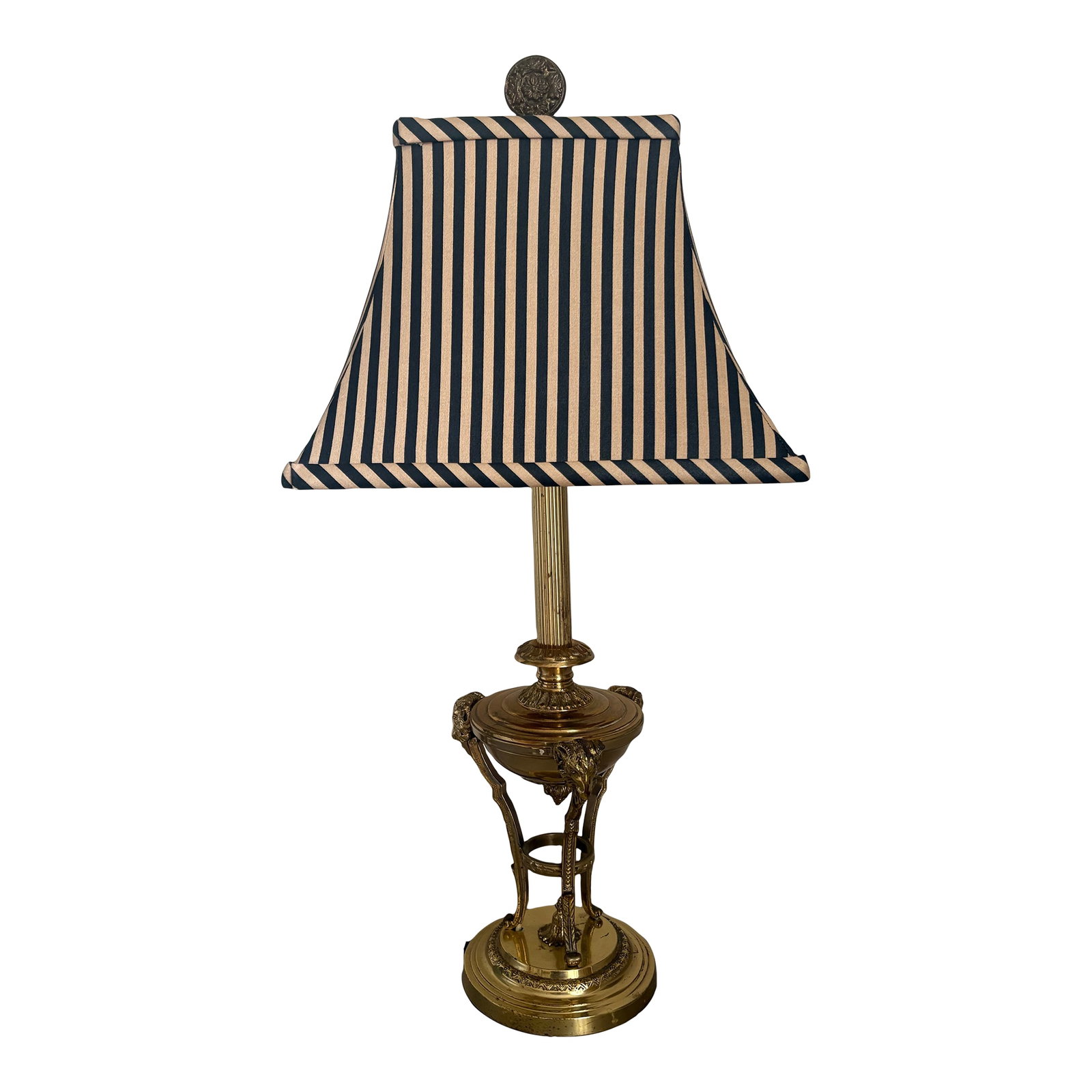 1960s Hollywood Regency Brass Ram Lamp With Silk Striped Shade: Fabulous 1960s Hollywood Regency table lamp. Brass base reminiscent of an urn with ram details, brass stem, and brass socket and knob. Silk striped rectangular bell shaped shade topped with a brass, c