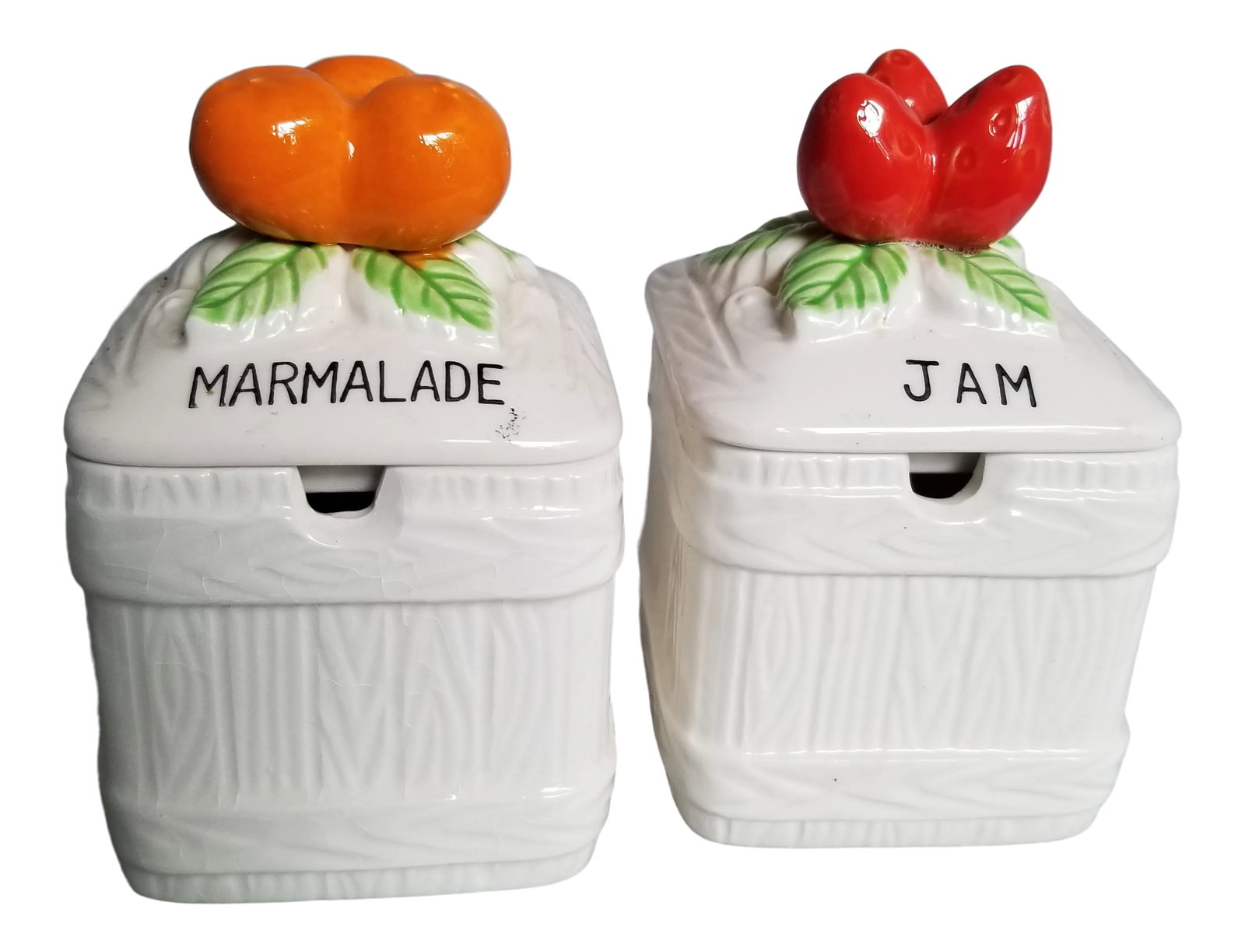 1960s Retro Marmalade & Jam Jars- a Pair: Retro Kitsch Marmalade and Jam Jars and Lids - 60's, the 70s. Marked and brightly painted. Cute for any Sunday Brunch... Condition: Alterations: Original Condition Unaltered Imperfections: Some