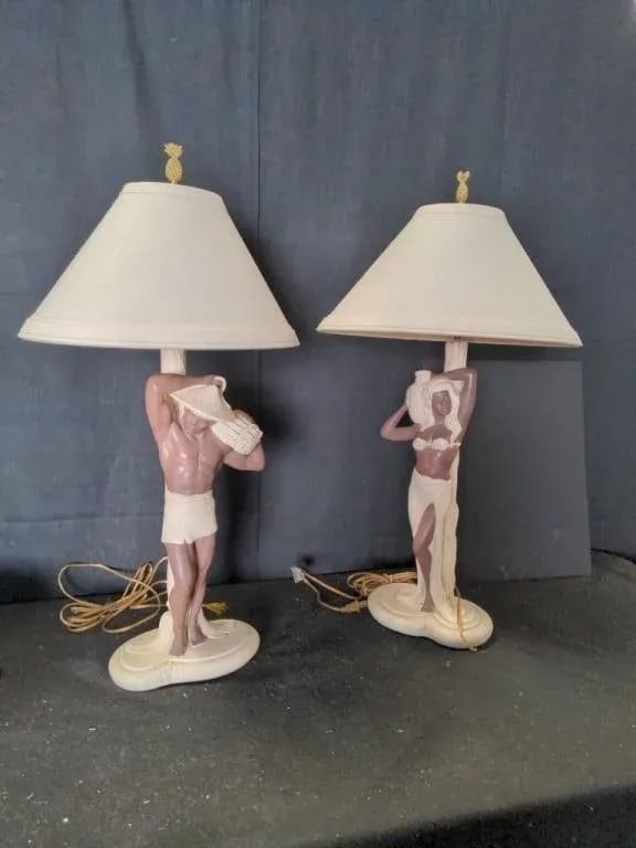 Pair 1952 Signed C. Romanelli/Stern Ind. Polynesian Male & Female Figural Lamps W/ Shades - 13