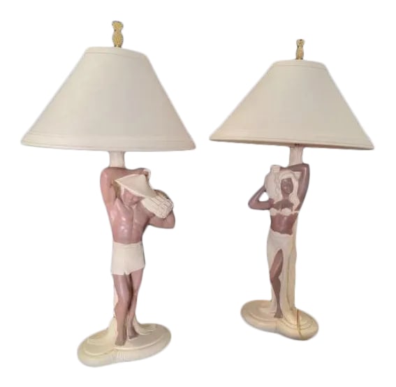 Pair 1952 Signed C. Romanelli/Stern Ind. Polynesian Male & Female Figural Lamps W/ Shades: Wonderful pair of Signed Stern/C. Romanelli 1952 Polynesian Male & Female Figural Lamps. Condition is exceptional. Original Shades included. Original Pineapple finials. Perfect for a tiki room. Approx