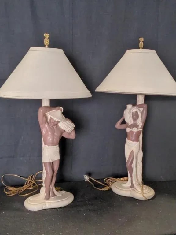 Pair 1952 Signed C. Romanelli/Stern Ind. Polynesian Male & Female Figural Lamps W/ Shades - 2