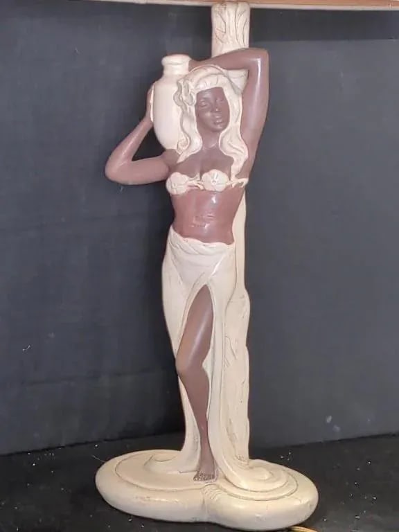 Pair 1952 Signed C. Romanelli/Stern Ind. Polynesian Male & Female Figural Lamps W/ Shades - 8