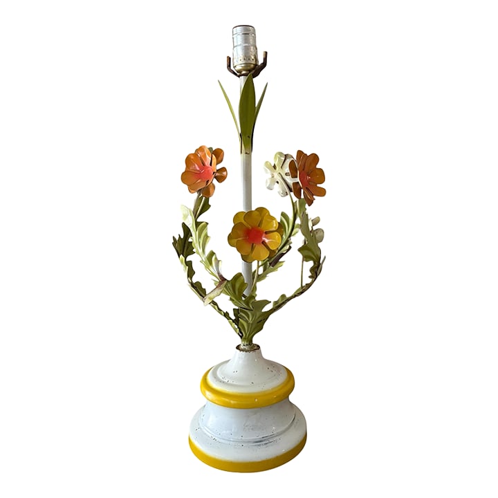 Vintage Italian Style Tole Floral Table Lamp - Hand-Painted Metal: A joyful, sculptural tole lamp with unmistakable European charm. This hand-painted metal table lamp features layered floral blooms in warm yellow, burnt orange, and soft ivory with leafy green stems r
