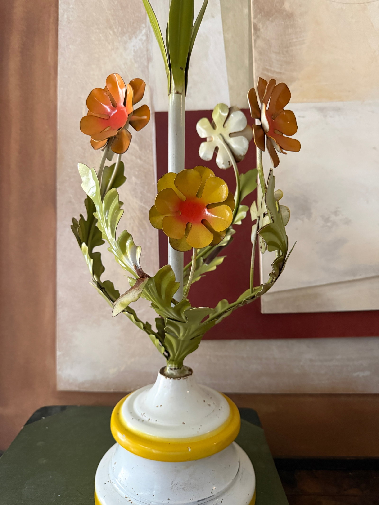 Vintage Italian Style Tole Floral Table Lamp - Hand-Painted Metal - 2