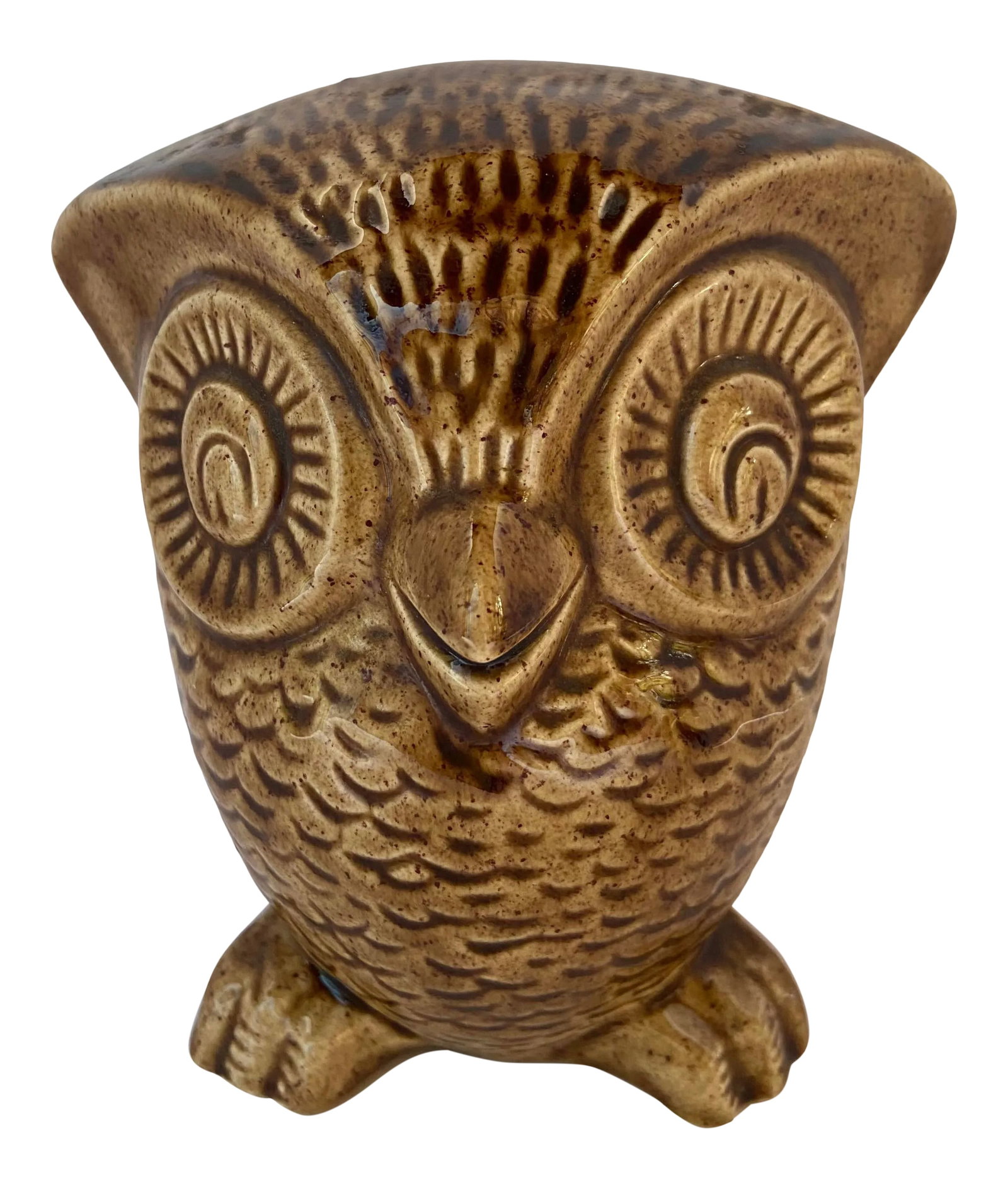 1970's Modern Ceramic Owl: This tan and brown ceramic owl was hand made in 1972. Owl is in good vintage condition. It is signed on the bottom Carole '72. Condition: Alterations: Original Condition Unaltered Imperfections: Some