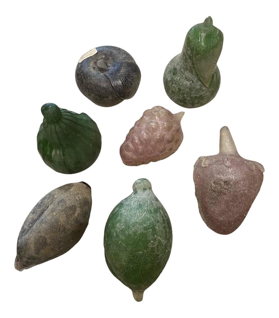 1980s Italian Murano Glass Assorted Colorful Fruit - Set of 7: Sarreid Murano Glass Fruit Set of 7 Assorted. The average size is 4" tall 4" wide. Made in Italy. Bowl not included. (We all will be listing a larger collection of white glass fruit as well.)