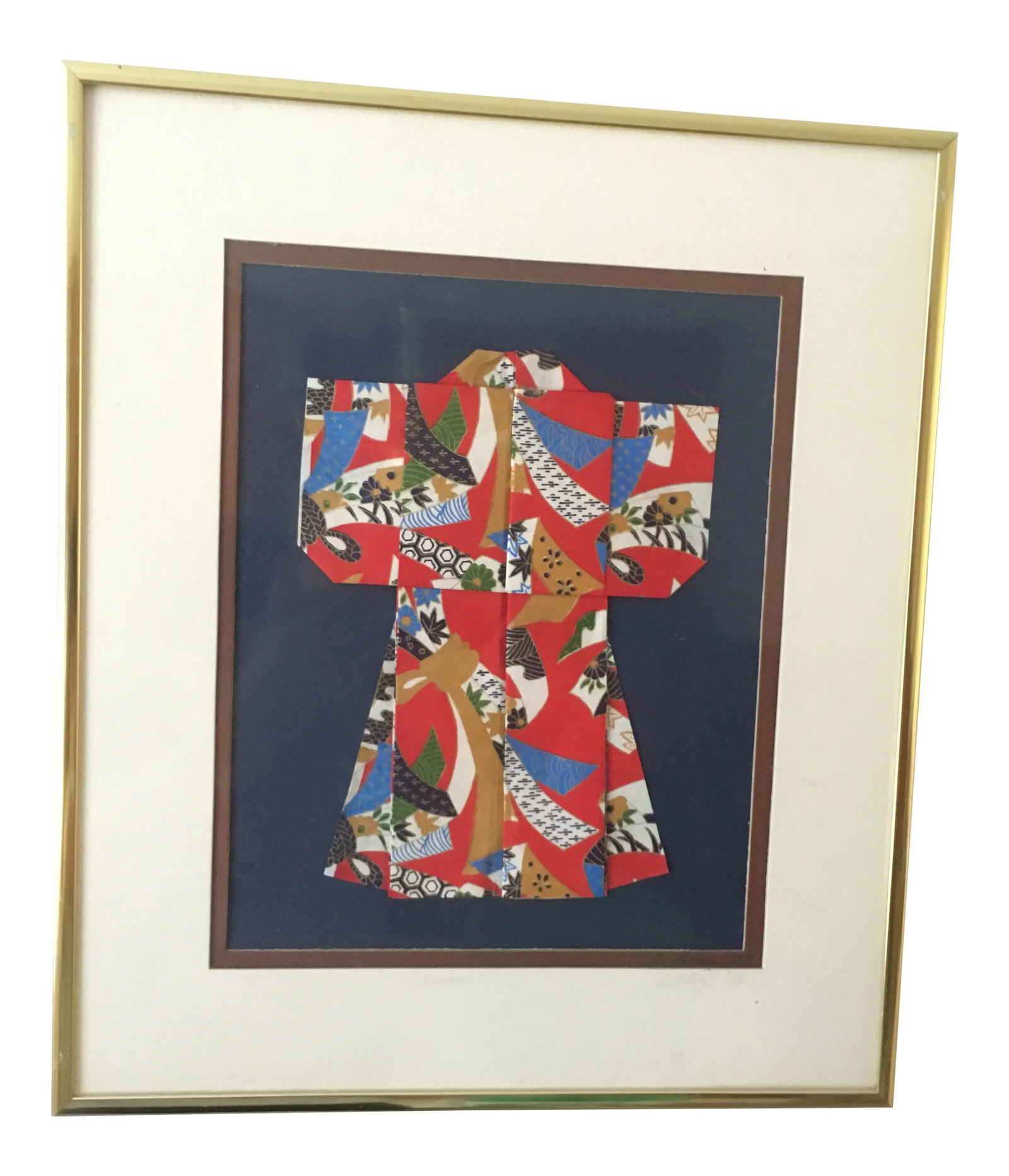 "Kimono" Hida Takayama Chiyogami Yuzen Washi Paper Art by E.Koby, Framed: THIS 90s Hida Takayama chiyogami is a highest quality hand-made Japanese paper. Brilliant and intense color patterns with gold metallic overlays are silk-screened by hand on to high quality Kozo