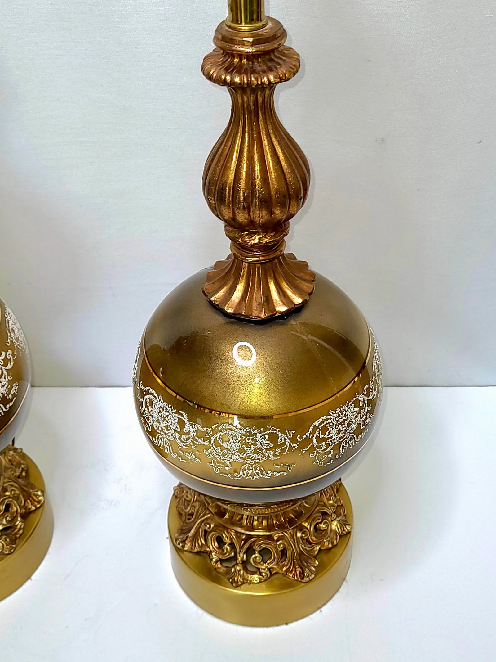 1950s Hollywood Regency Gold Satin Glass Cornell Table Lamps - a Pair - 5