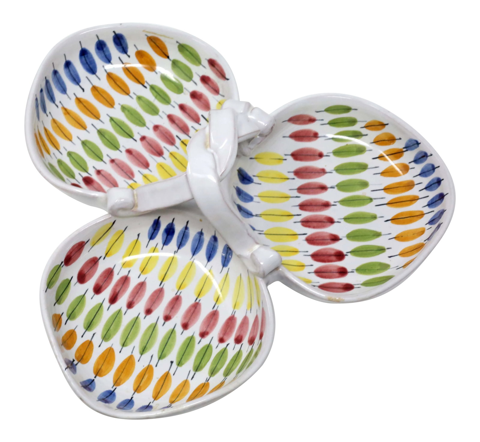Vintage "Multi-Color Plume" Italian Serving Platter by B/3 Pottery: A pottery serving or relish platter by B/3, in the Multi-color Plume pattern. Good condition; there is a small imperfection on the handle - see photo. Condition: Alterations: Original Condition