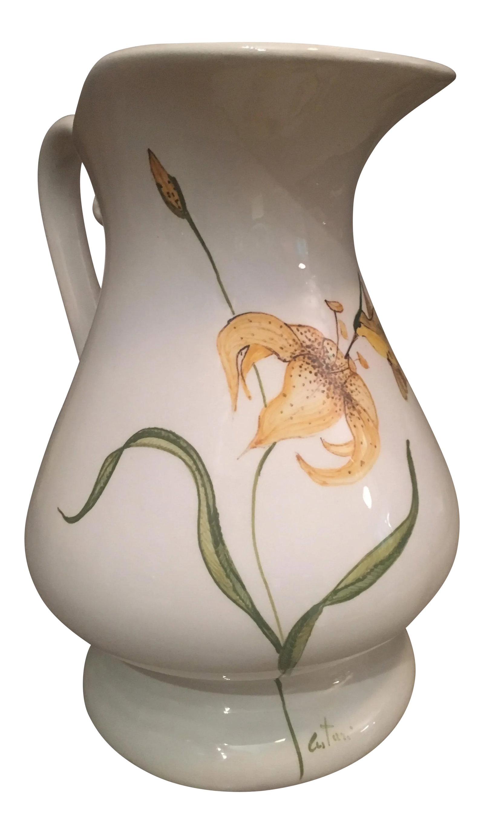 Italian Lily & Hummingbird Pitcher: Absolutely lovely and vibrant ceramic hand-painted pitcher from Italy. A white background with hand-painted details of a single yellow tiger lily blossom that is visited by a yellow hummingbird.