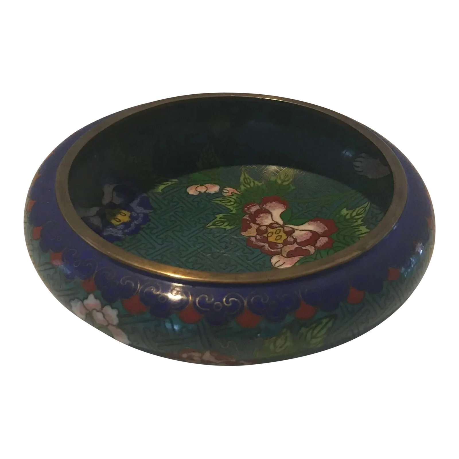 Vintage Cloisonne Shallow Bowl: Early 20th Century shallow bowl, in hues of blue, red, pink and green. Excellent condition. Measures 6.5" x 6.5" x 2" Thank you! Condition: Alterations: Original Condition Unaltered Imperfections: