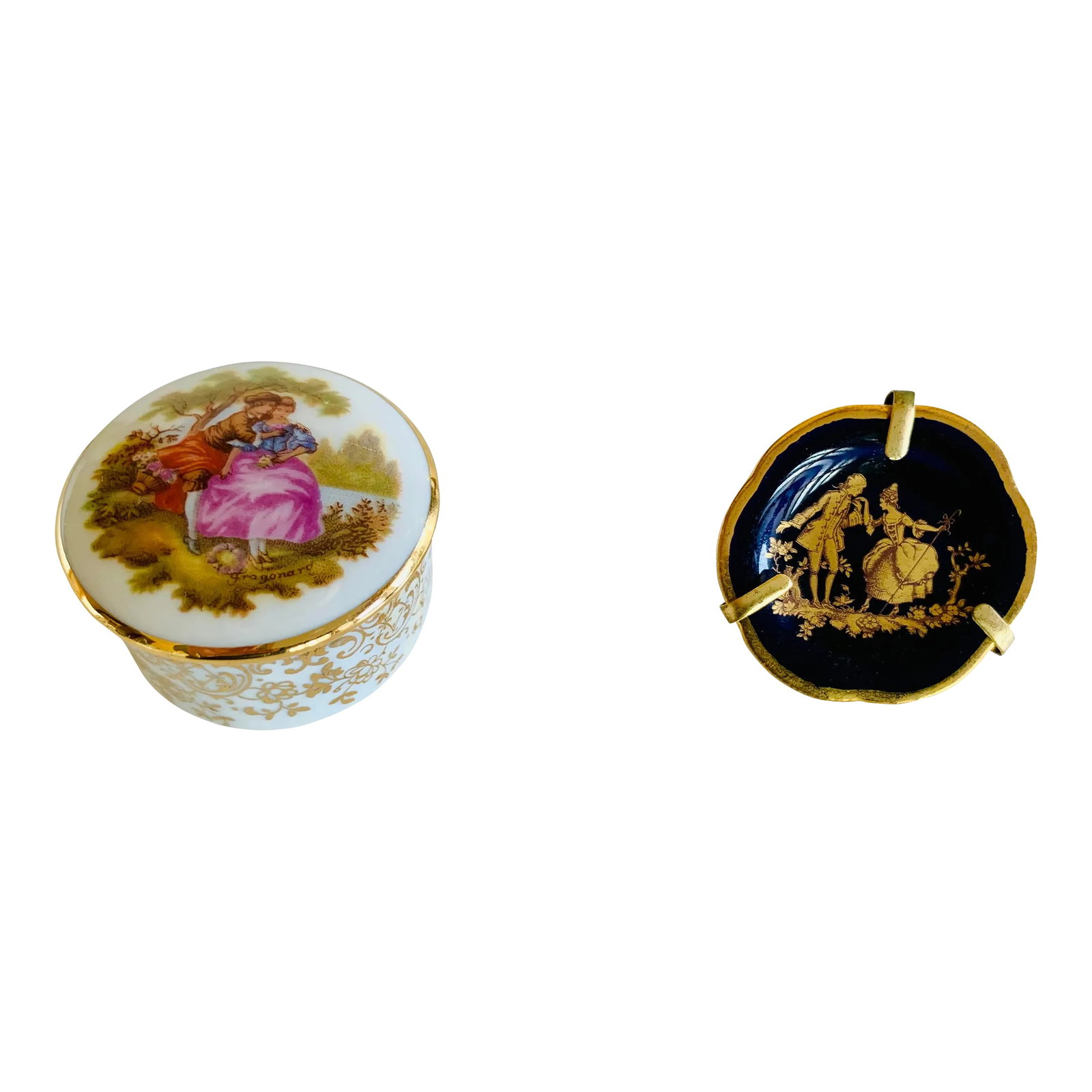 Limoges - French Porcelain Trinket Box and Plate With Stand From the 1970s - a Pair: Both petit pieces depict 18th century courting couples. The trinket box has "Fragonard" in-scripted on its lower front, which is in homage to Jean Honore Fragonard, a French artist (1732-1806) who