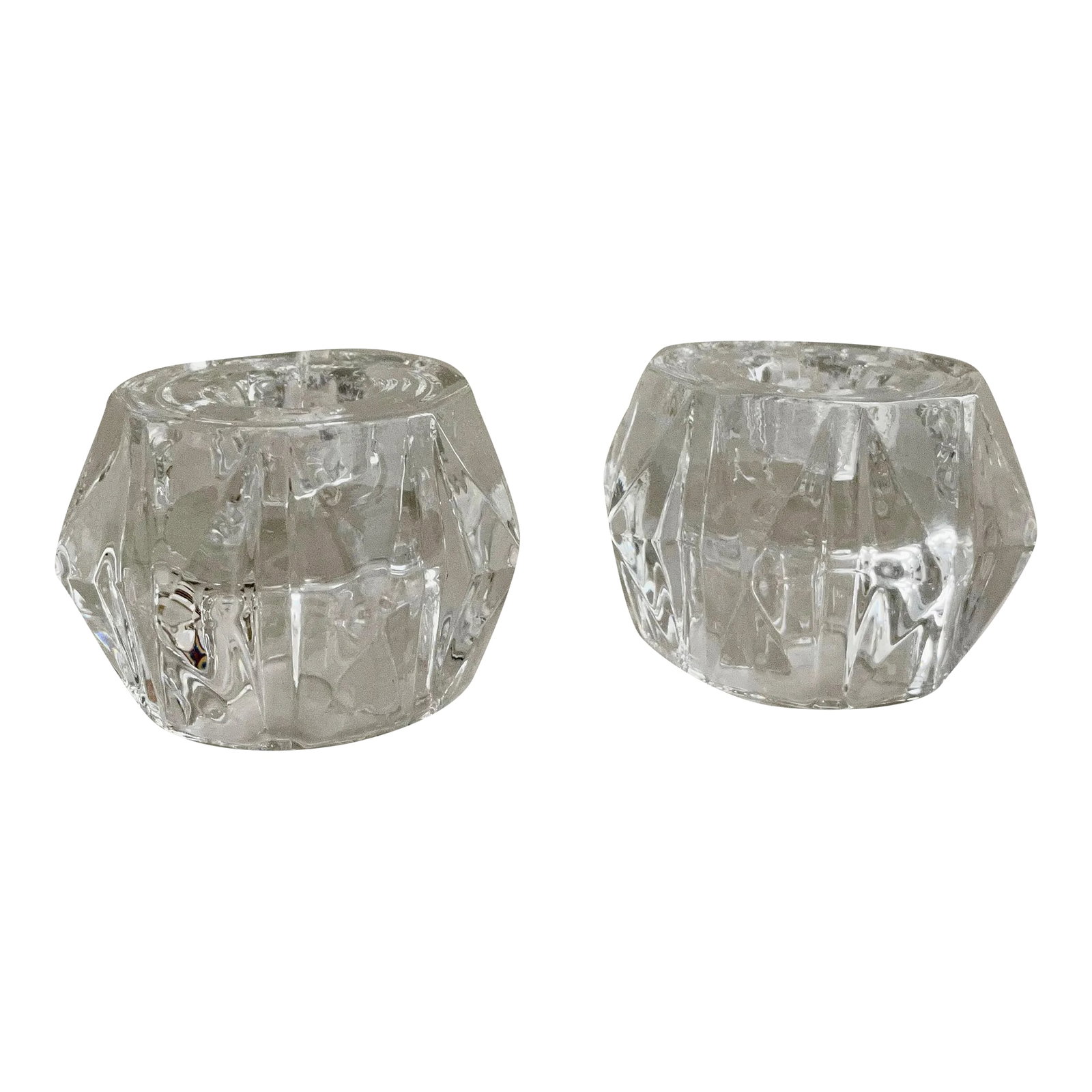 Mid-Century Modern Clear Glass Faceted Flip Taper and Tea Light Candle Holders - Set of 2: Coolest duo of glass candle holders with serious art deco / Mid-Century vibes. Round holder with faceted prisms coming off, look like diamonds from the side. These candle holders flip over to