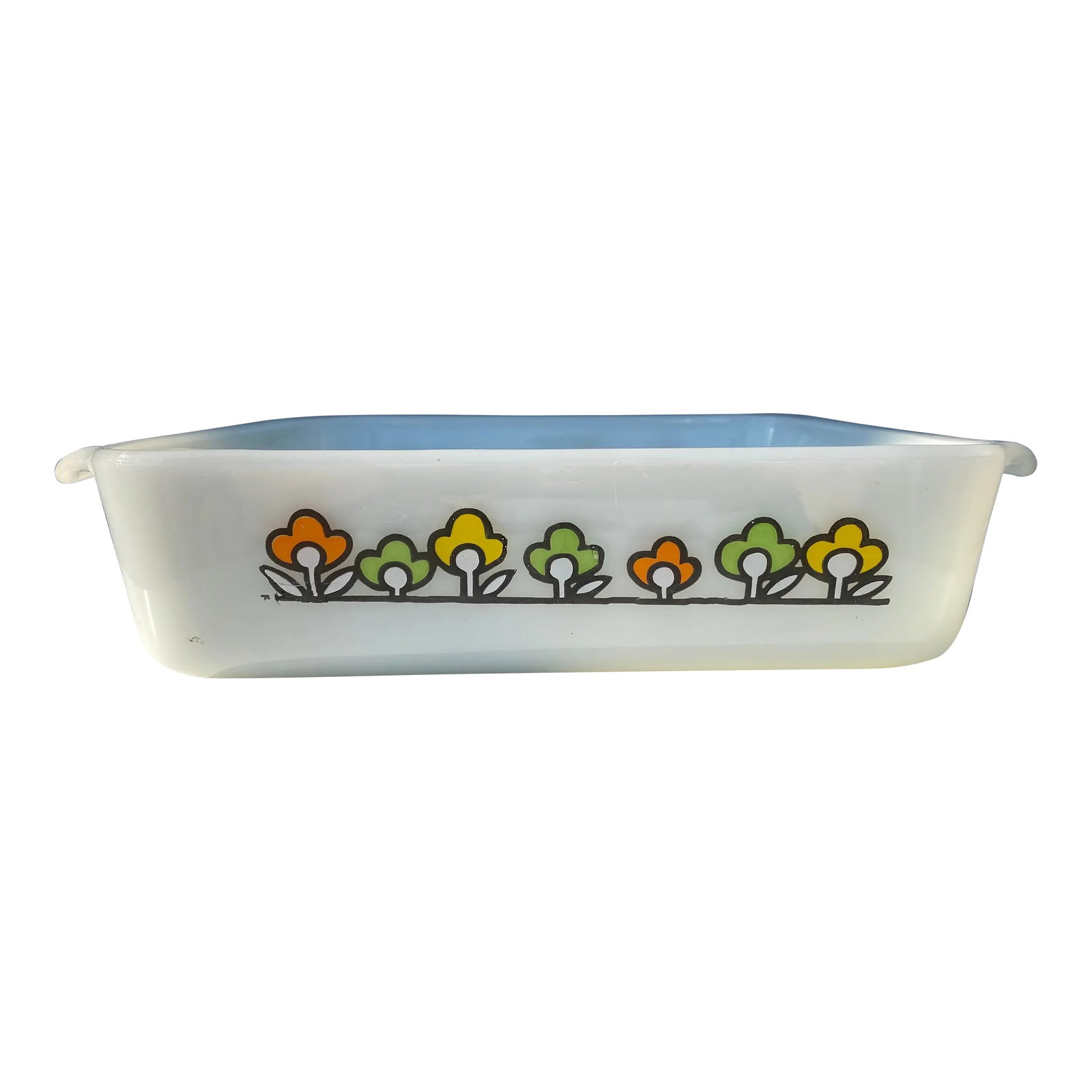 Mid 20th Century Anchor Hocking Milk Glass Square Casserole Dish: Anchor Hocking Fire King oven-proof square baking/casserole dish. Adorned with colorful retro flowers. Made in U.S.A. *"Anchor Hocking Fire-King Oven-Proof, Made in U.S.A." marked to bottom