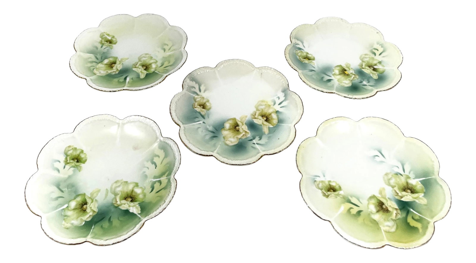 Antique Reinhold Schlegelmilch German Porcelain Flower Plates - Set of 5: Reinhold Schlegelmilch German Porcelain Flower Plates - Set of 5. Blue yellow and white with gold leaf trim. Stamped "RS Germany". 6 1/2" diameter x 3/4" tall Condition: Alterations: Original