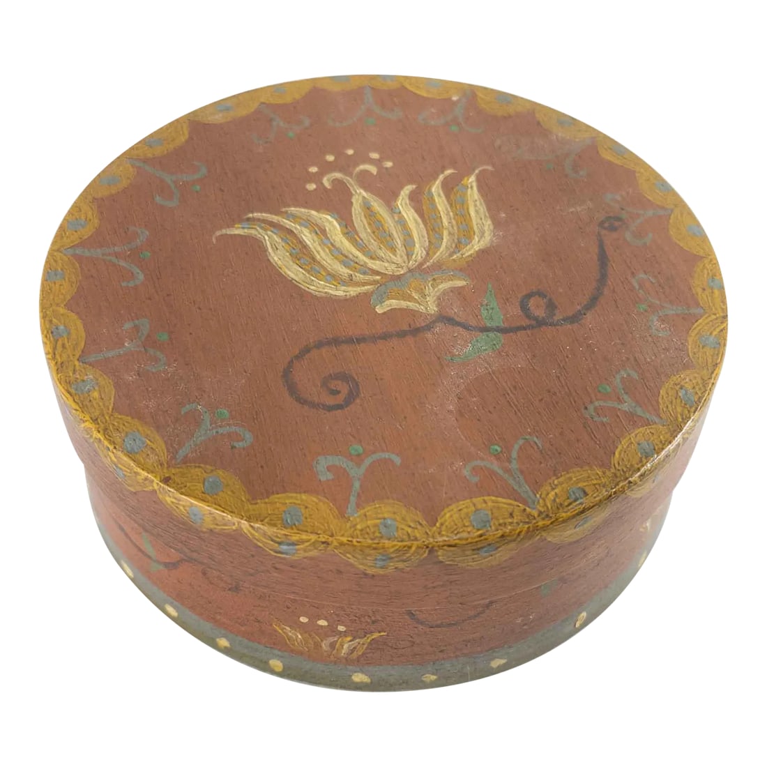 Vintage Scandinavian Pennsylvania Dutch Style Box: We are offering this great little reproduction painted box. This box with vibrant soft palette is painted in a Scandinavian or Pennsylvania dutch style. Condition: Good Dimensions: Height 1 3/8