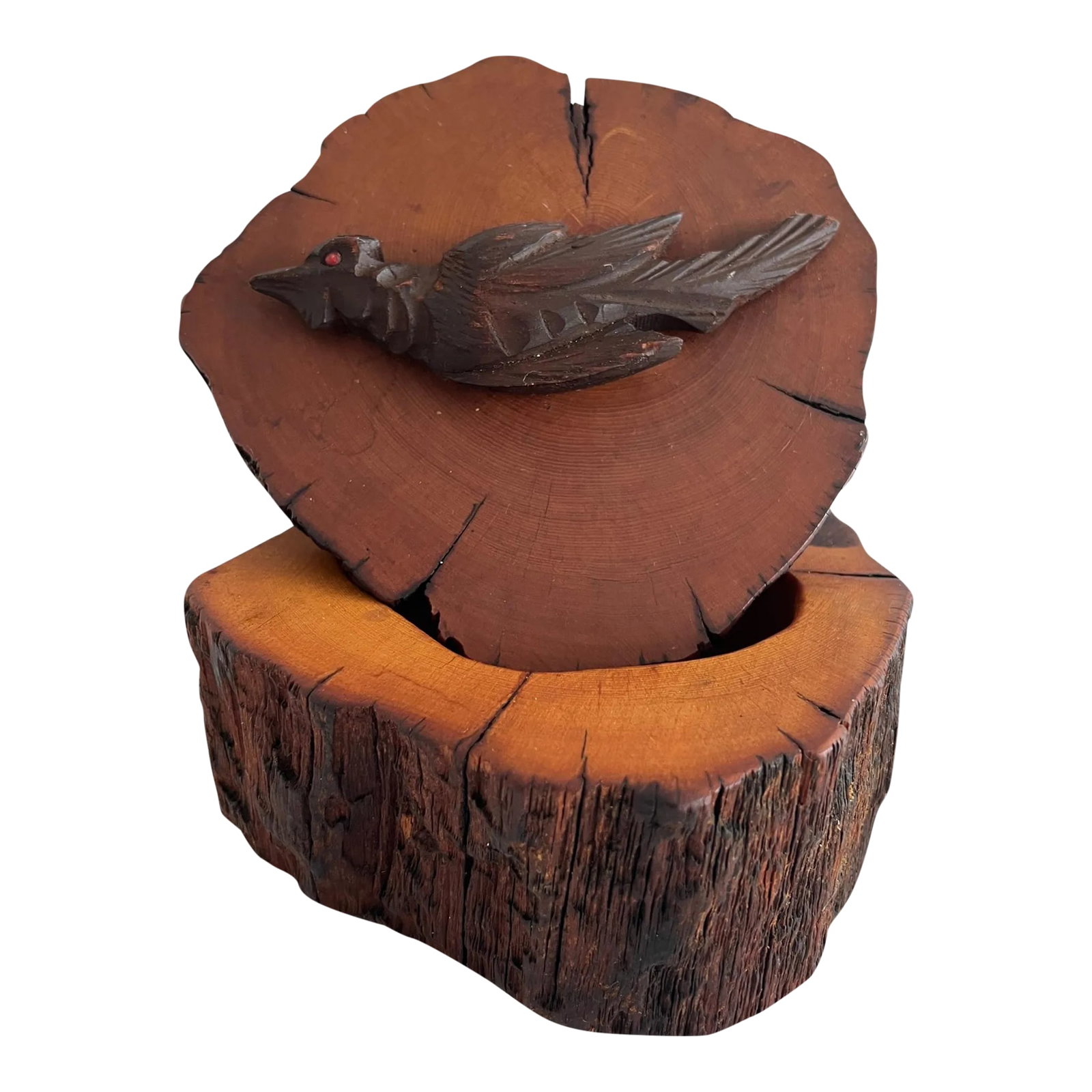 1970s Spancraft Handmade Wooden Live-Edge Trinket Box With Carved Bird