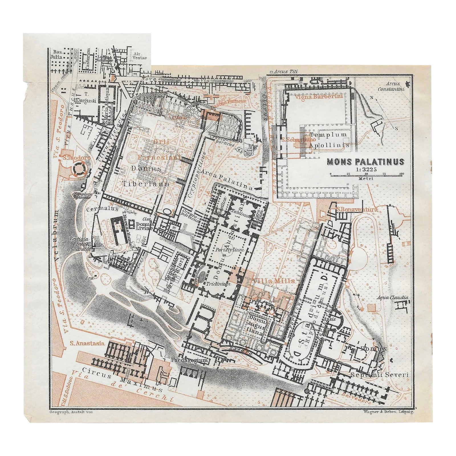 1910s Italian Map of Palatine Hill in Rome: Vintage plan of Mons Palatinus in Roma from a circa 1910s travel guide of Italy. Condition: Alterations: Original Condition Unaltered Imperfections: Some Imperfections Condition Notes: Originally