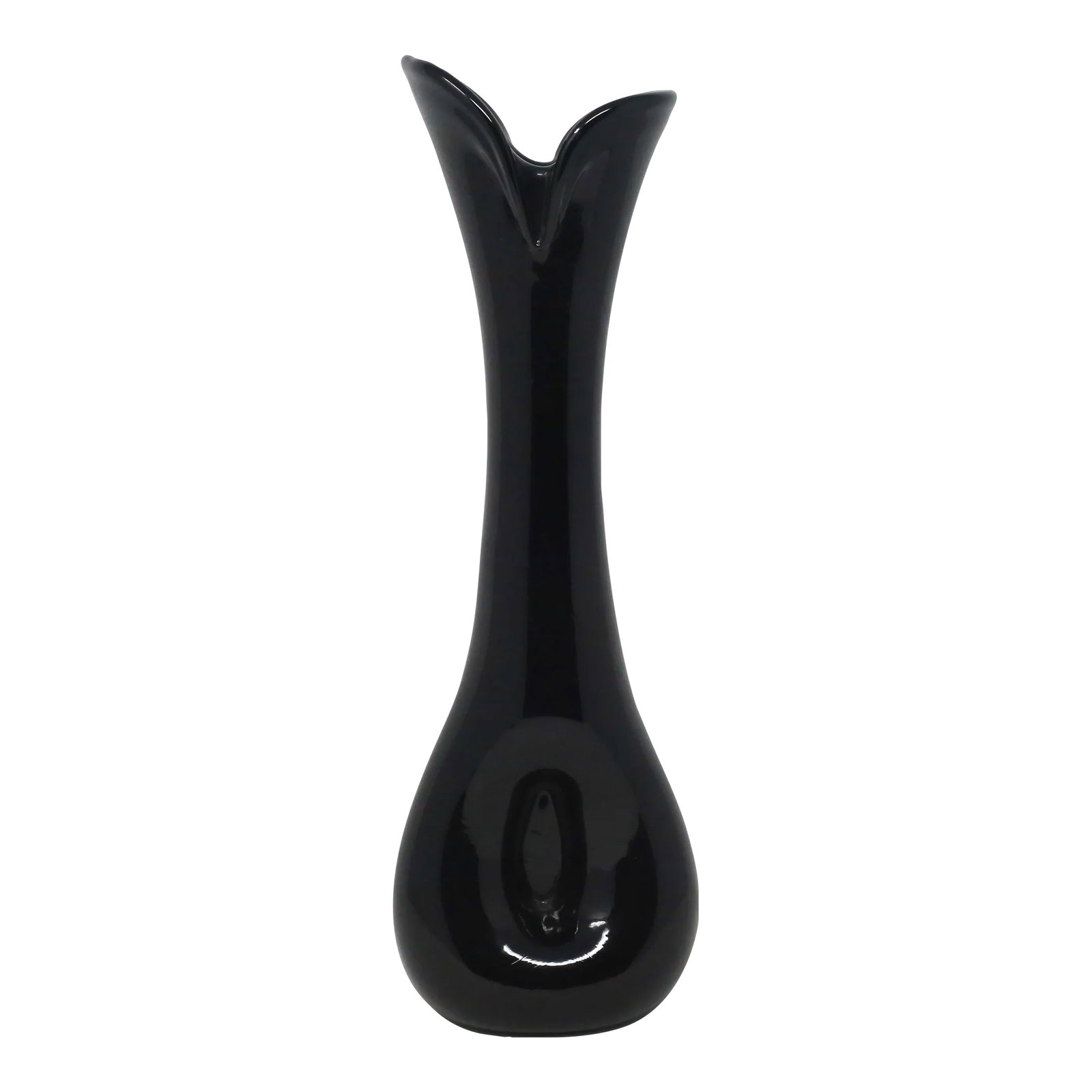 Vintage Tall Black Sculptural Vase: A vintage, tall sculptural glass vase, with a glossy, smooth finish and flared top. Good condition. Condition: Alterations: Original Condition Unaltered Imperfections: Some Imperfections Condition