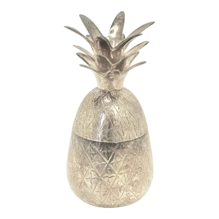 Silverplated Etched Pineapple Indian Votive Candleholder: Lovely silverplated pineapple votive canndleholder. Features an etched motif throughout. Very good vintage condition; original patina, unpolished. Marked India at bottom. Condition: Alterations: