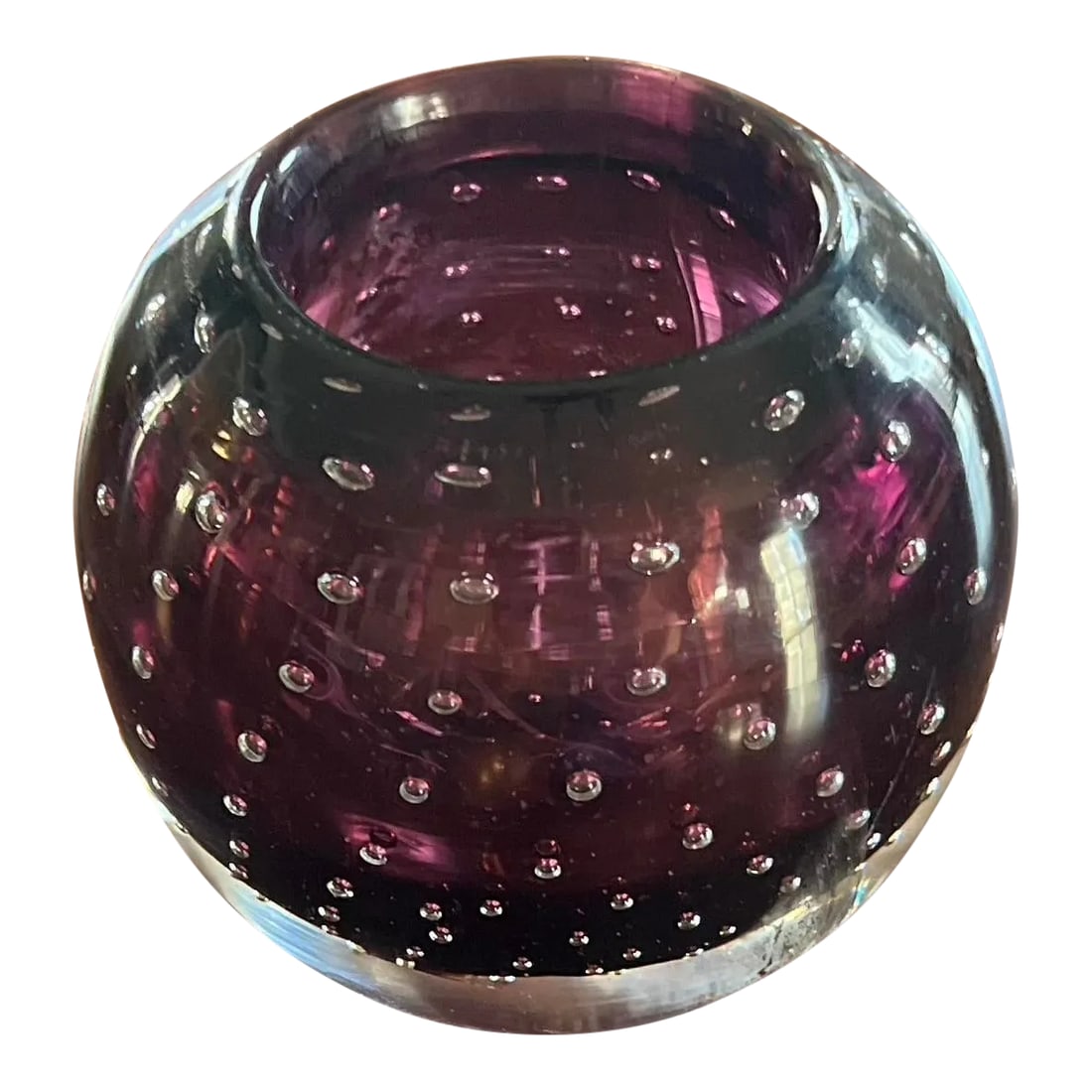 1960s Murano Bubble Glass Votive: Beautiful amethyst purple bullicante glass votive. Condition: Alterations: Original Condition Unaltered Imperfections: Some Imperfections Condition Notes: 2 interesting lines within the glass.