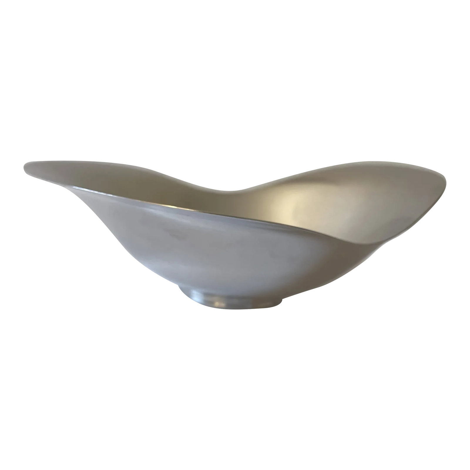 1950s Danish Stainless Steel Amoeba-Shaped Bowl: Unusual amoeba-shaped stainless steel bowl, made in Denmark. 18/8 stainless steel mark, along with "Denmark" stamp. Condition: Alterations: Original Condition Unaltered Imperfections: Some Imperfectio