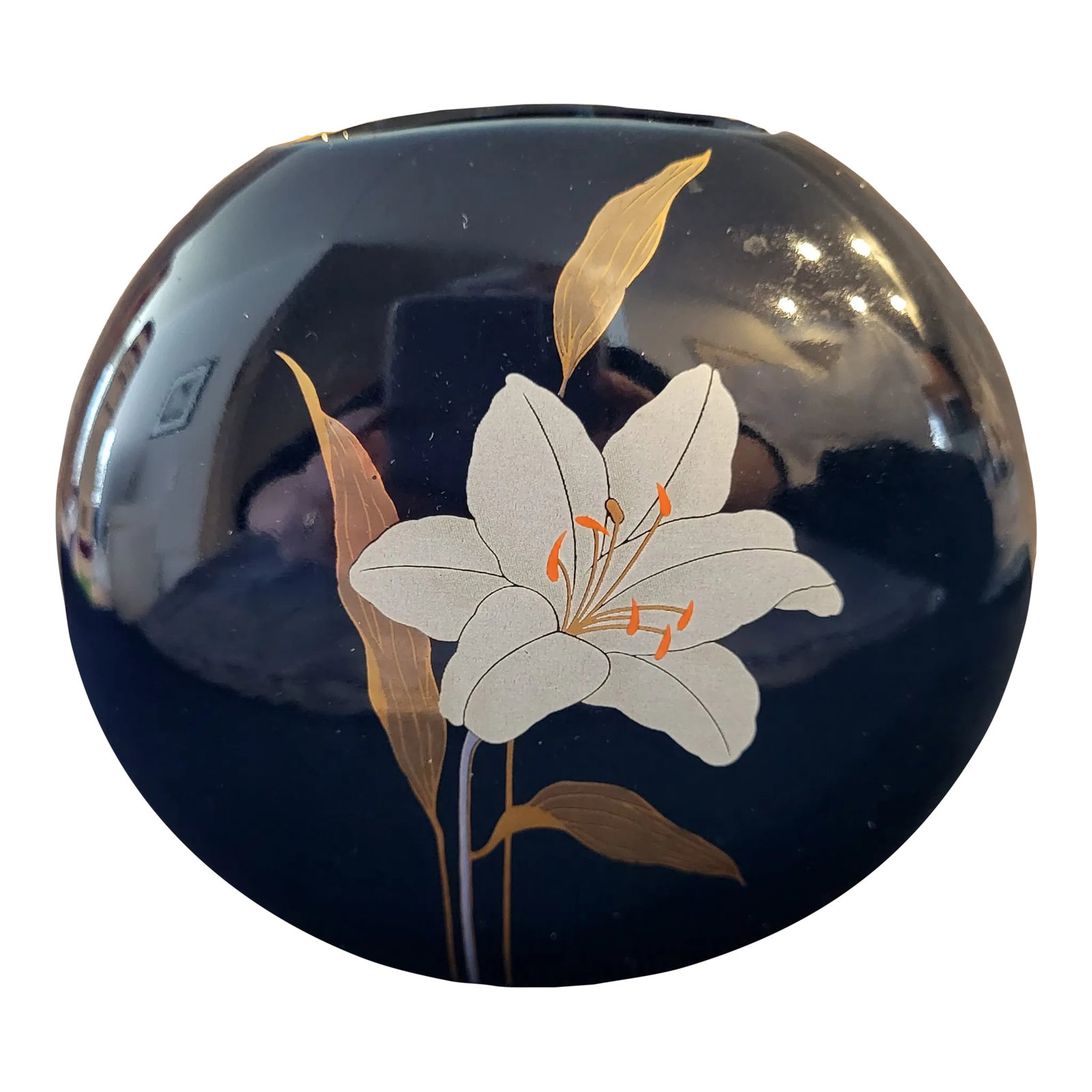 1980s Otagiri Cobalt Blue Lily Vase: Gorgeous deep blue oval vase by Otagiri. Delicate lily design. Condition: Alterations: Original Condition Unaltered Imperfections: Some Imperfections Condition Notes: Excellent Creator: Brand: