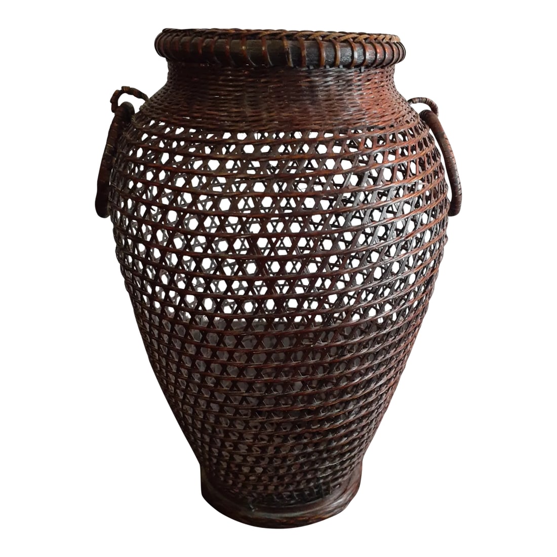 1970s Handmade Decorative Rattan Vase With Holders: This is a Hamdmade Decorative Rattan 8.5" Vase with Holders. Procured at an auction Condition: Alterations: Original Condition Unaltered Imperfections: Some Imperfections Condition Notes: No damage