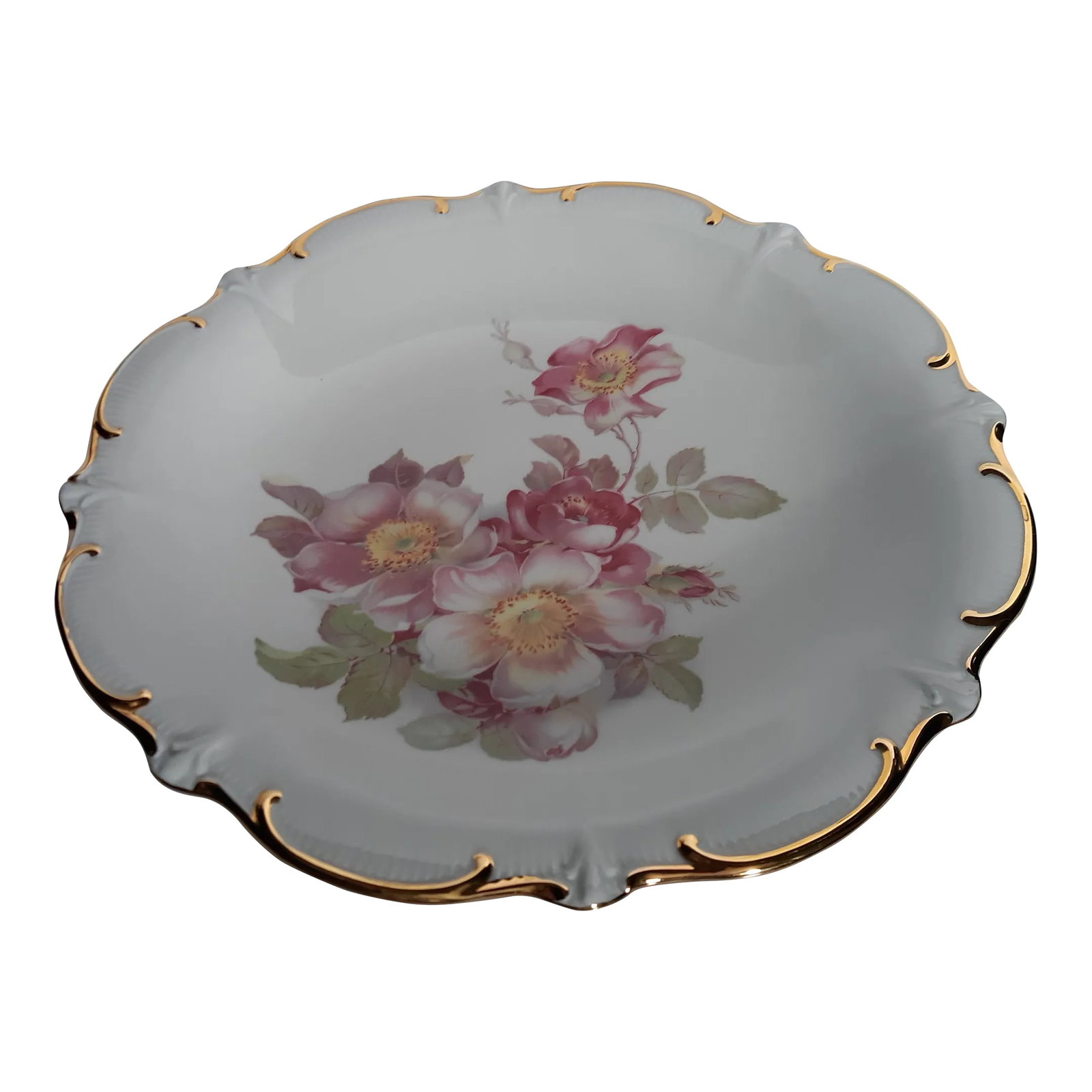 Vintage 1955 Schumann E & R Wild Rose Chop Plate Round Platter: Vintage 1955 11" Chop Plate Round Platter in the Wild Rose pattern with Golden trim. This lovely platter roses are exquisite. In 1954 is when Ebeling & Reuss of Pennsylvania started using the E & R