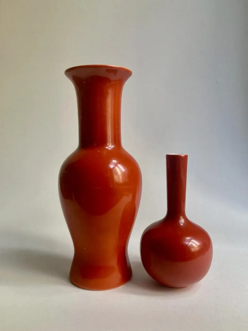 1980s Mann Red Orange "Les Vases" Pottery Vases - Set of 2 - 12