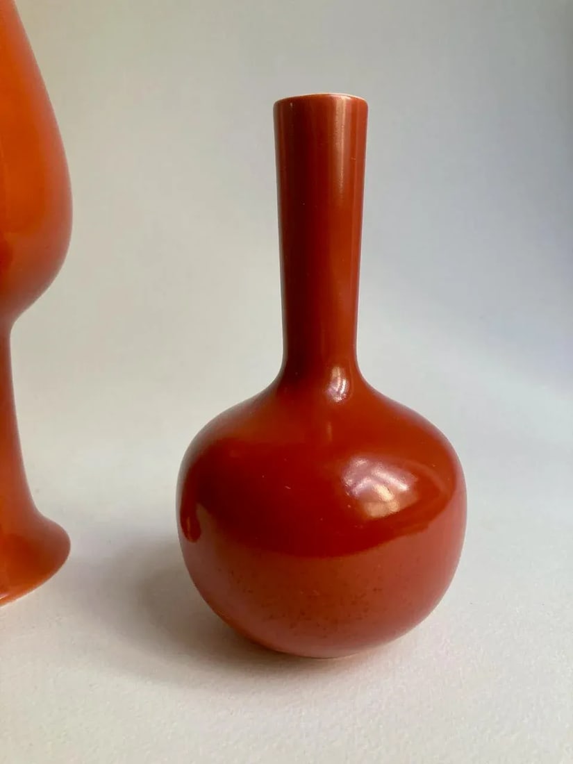1980s Mann Red Orange "Les Vases" Pottery Vases - Set of 2 - 7