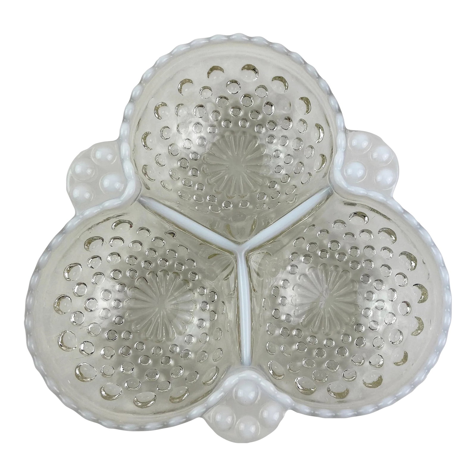1940's Anchor Hocking Moonstone Opalescent Divided Dish: Anchor Hocking Moonstone Opalescent Divided Relish Dish Beautiful divided dish. Clear glass and milk moonstone style glass. Hobnail raised dot pattern. Perfect for nuts, olives, other snacks or for a 