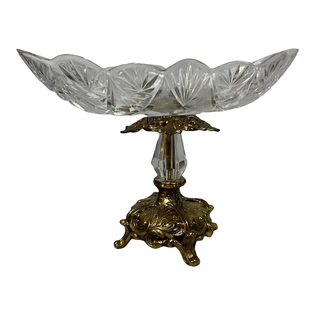Antique Crystal SawTooth Cut Fruit Bowl on Brass Pedestal: Antique Victorian brilliant cut glass compote with intricate art nouveau brass pedestal features intricate brilliant cut crystal bowl with star, starburst, and cross hatch designs, scalloped edges, an