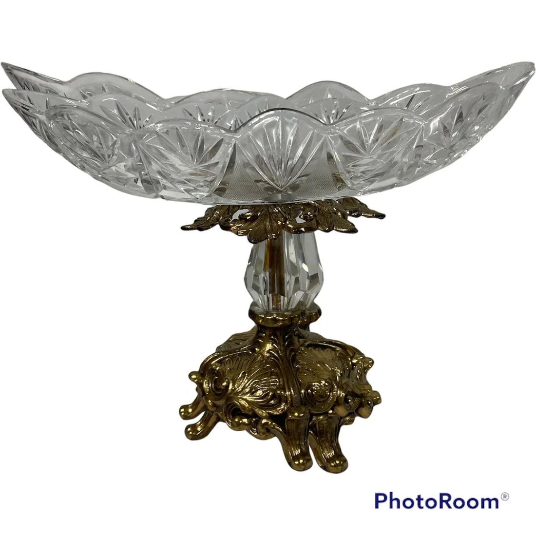 Antique Crystal SawTooth Cut Fruit Bowl on Brass Pedestal - 2